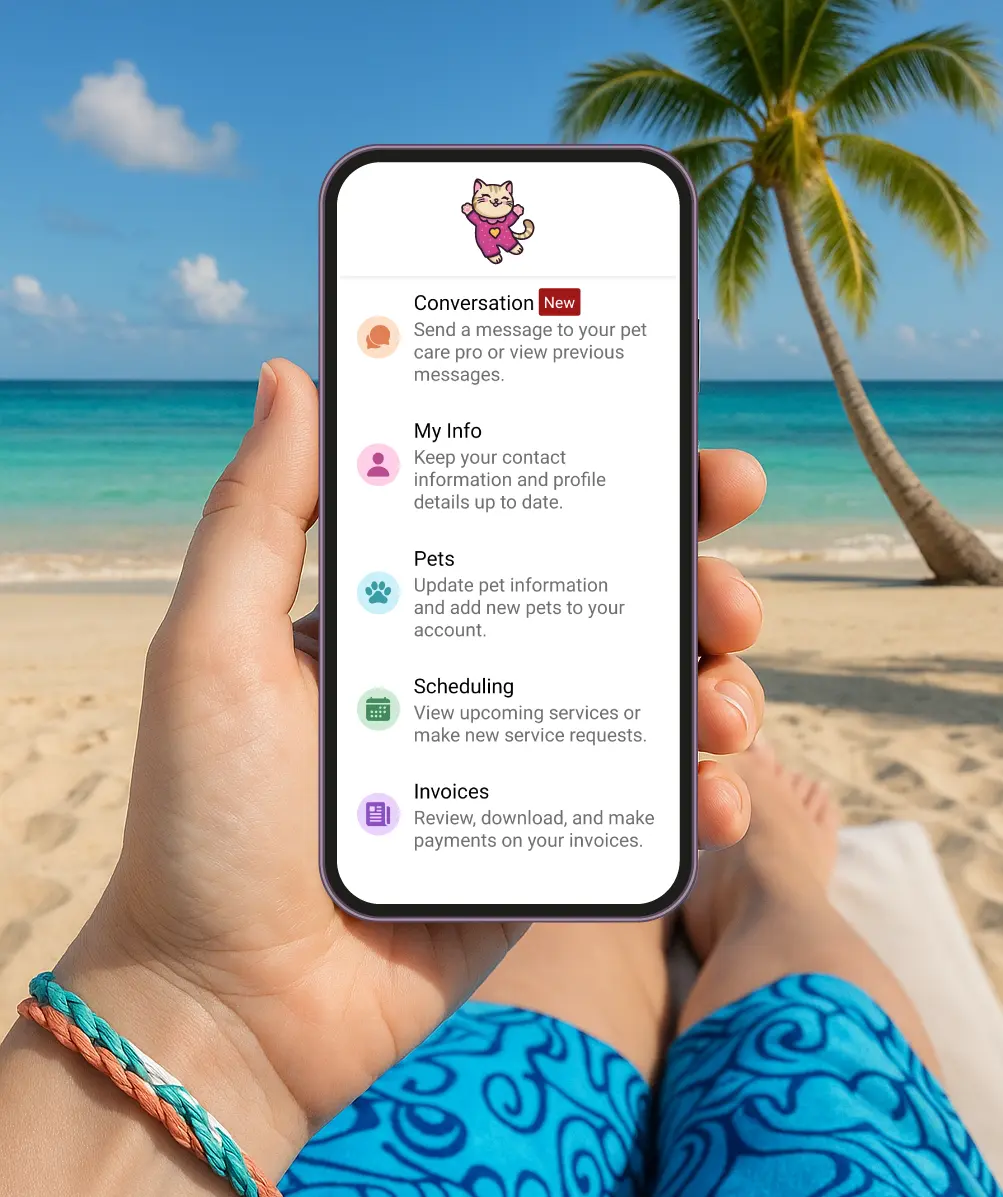Client on a beach using mobile app on phone to manage cat sitting. 